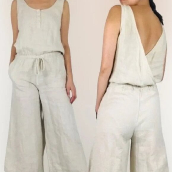 Anthropologie Cloth & Stone Linen Drawstring Wide Leg Crop Jumpsuit XS 41004 - Picture 1 of 14
